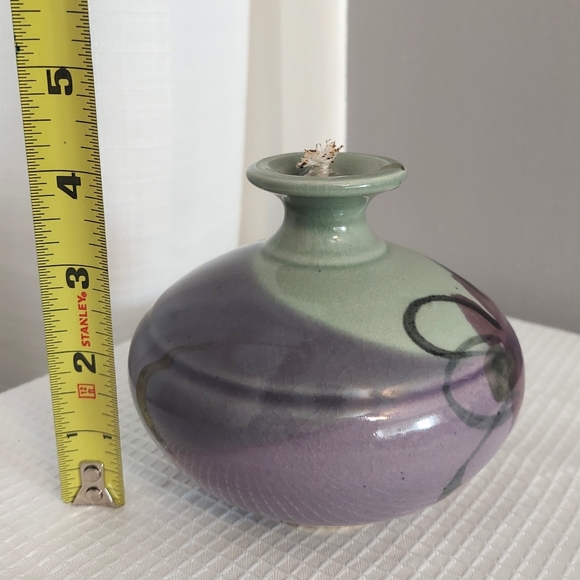 Follette Pottery Oil Lamp Green Purple Glazed Floral Stoneware Cotton Wick - Picture 8 of 9